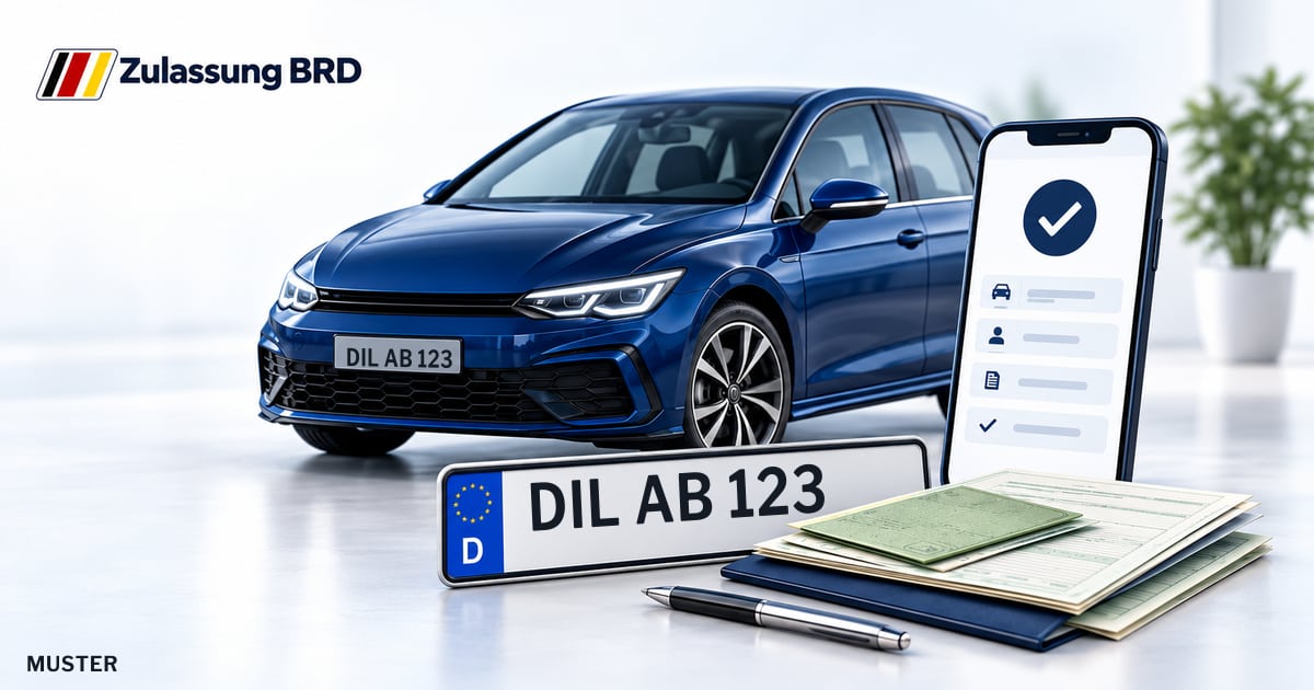 Online Fahrzeugzulassung in Dillenburg: Musterkennzeichen DIL AB 123, Auto und Fahrzeugpapiere und Smartphone. Illustration mit Logo von Zulassung BRD.